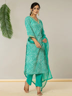 Yufta Teal Green Leheriya Print Cotton Straight Suit Set | Grocsy