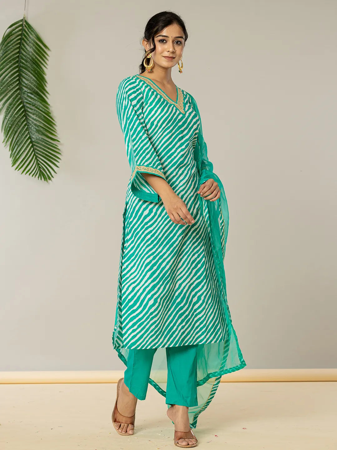 Yufta Teal Green Leheriya Print Cotton Straight Suit Set | Grocsy