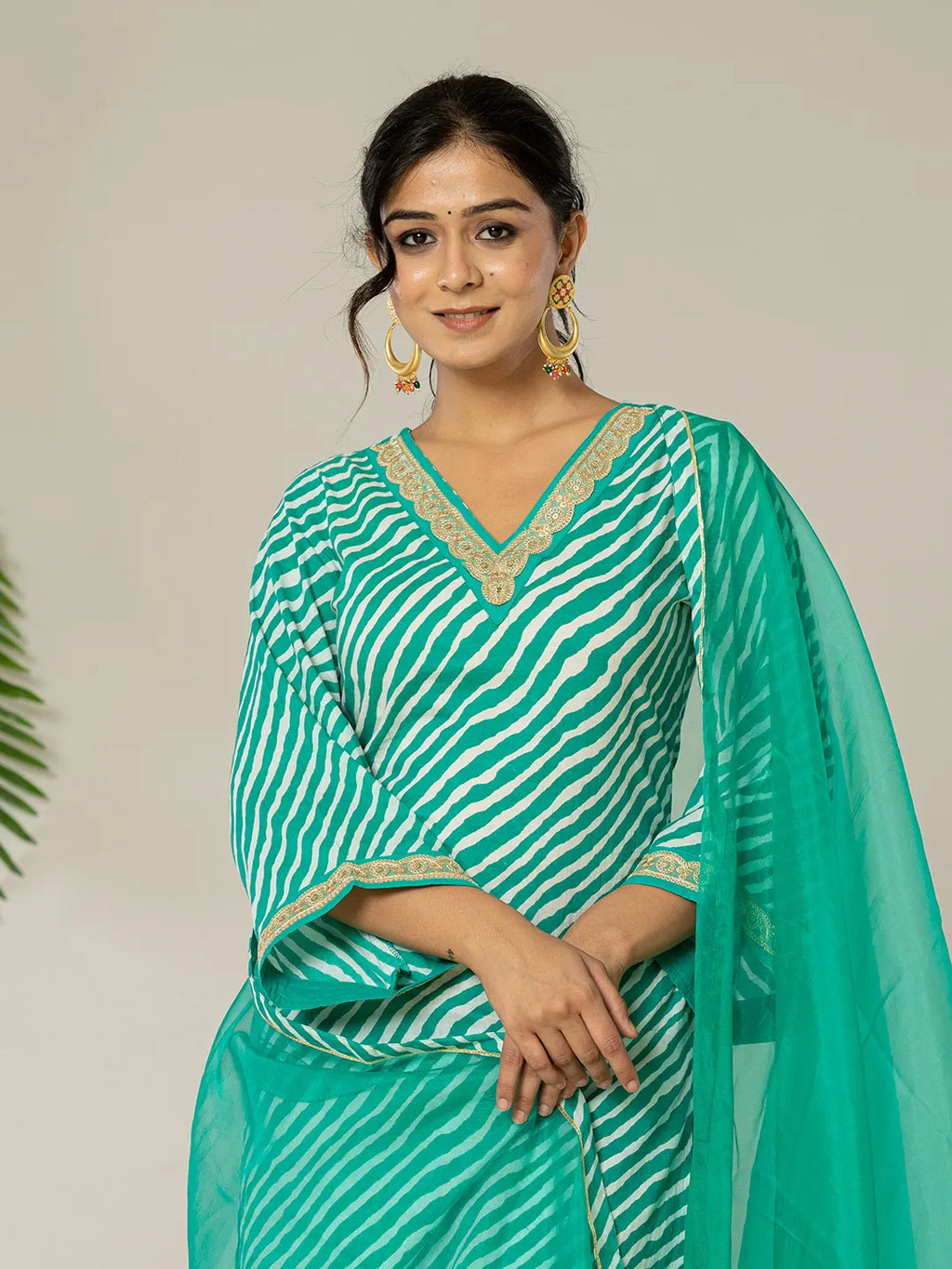 Yufta Teal Green Leheriya Print Cotton Straight Suit Set | Grocsy