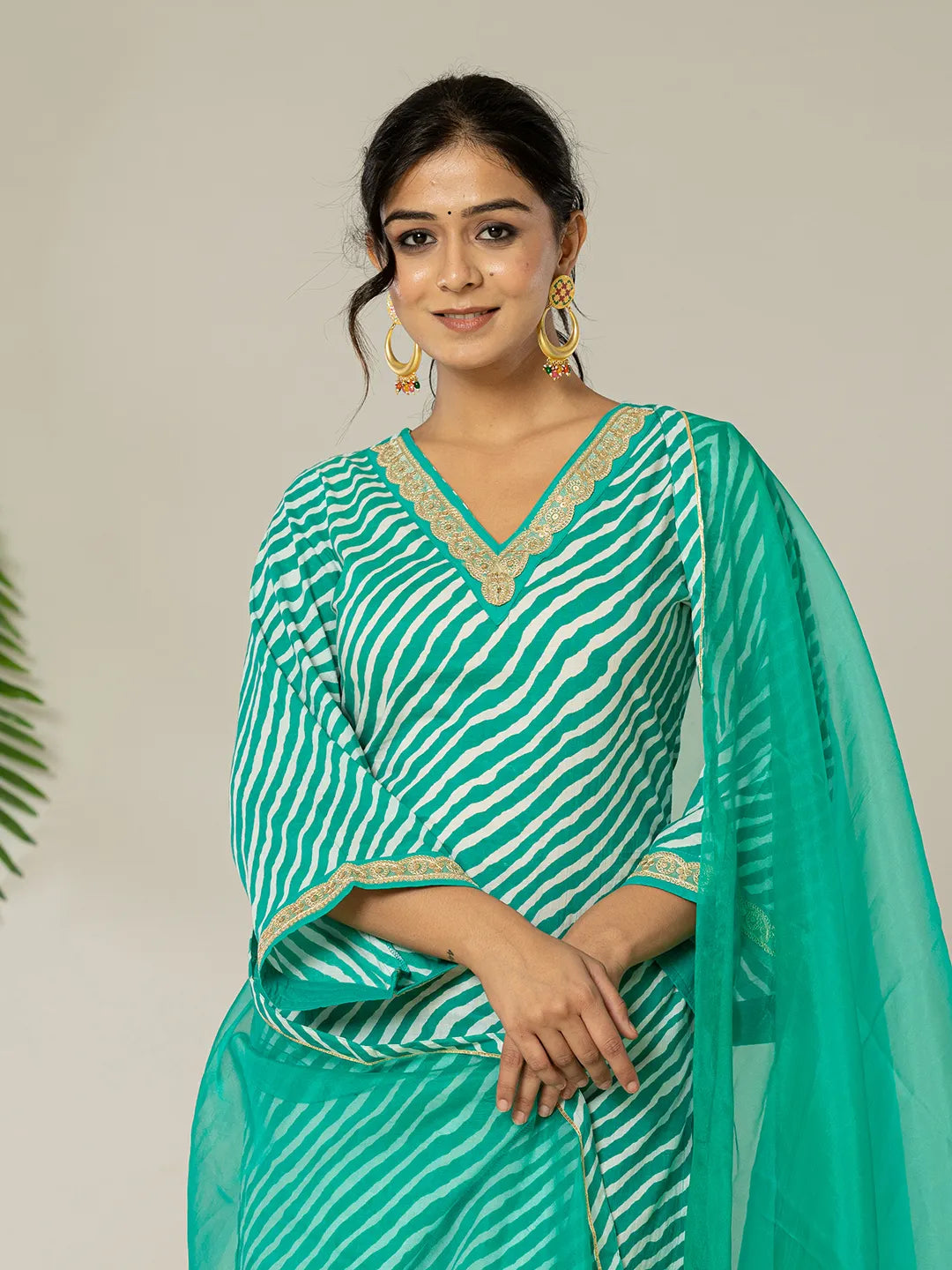 Yufta Teal Green Leheriya Print Cotton Straight Suit Set | Grocsy