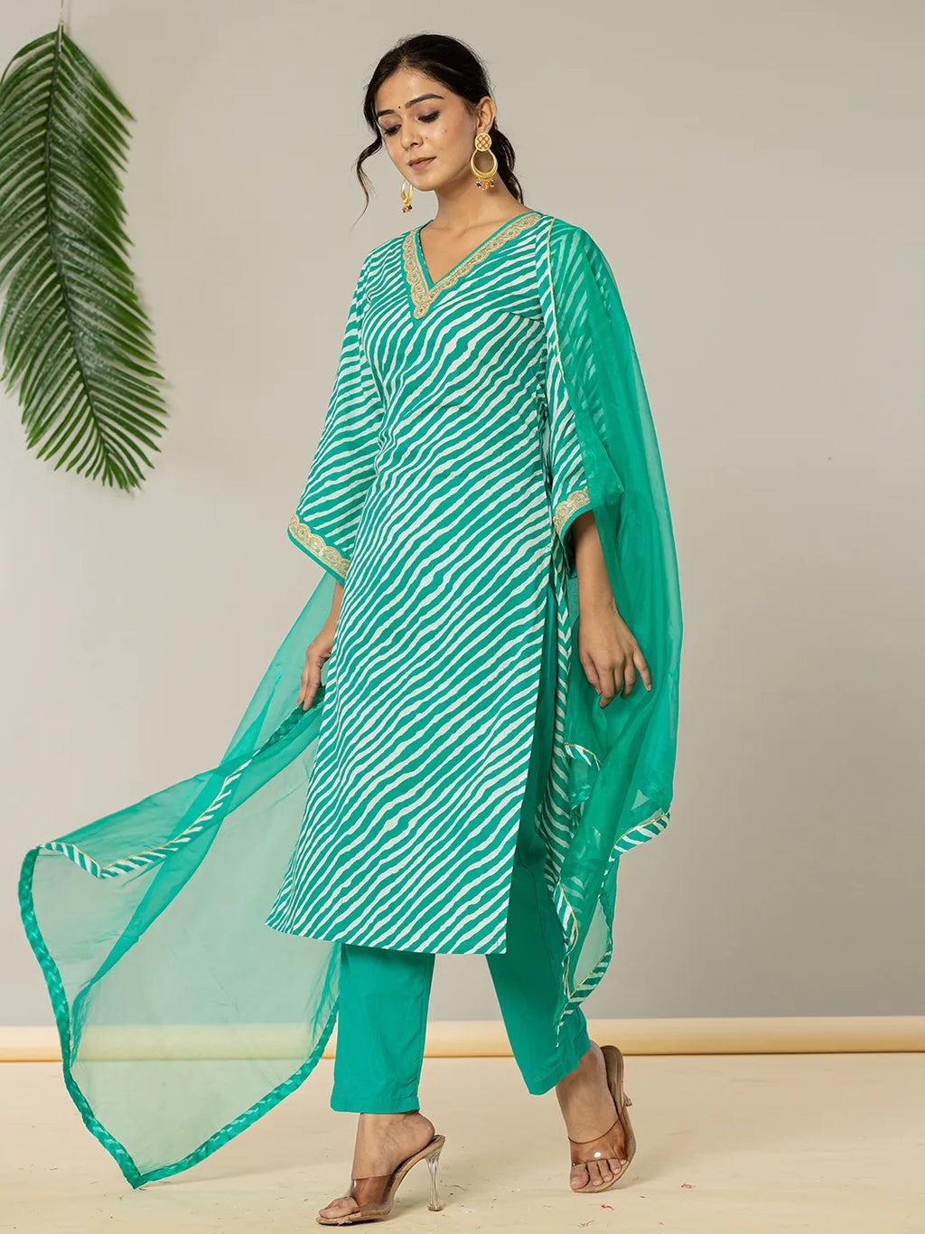 Yufta Teal Green Leheriya Print Cotton Straight Suit Set | Grocsy