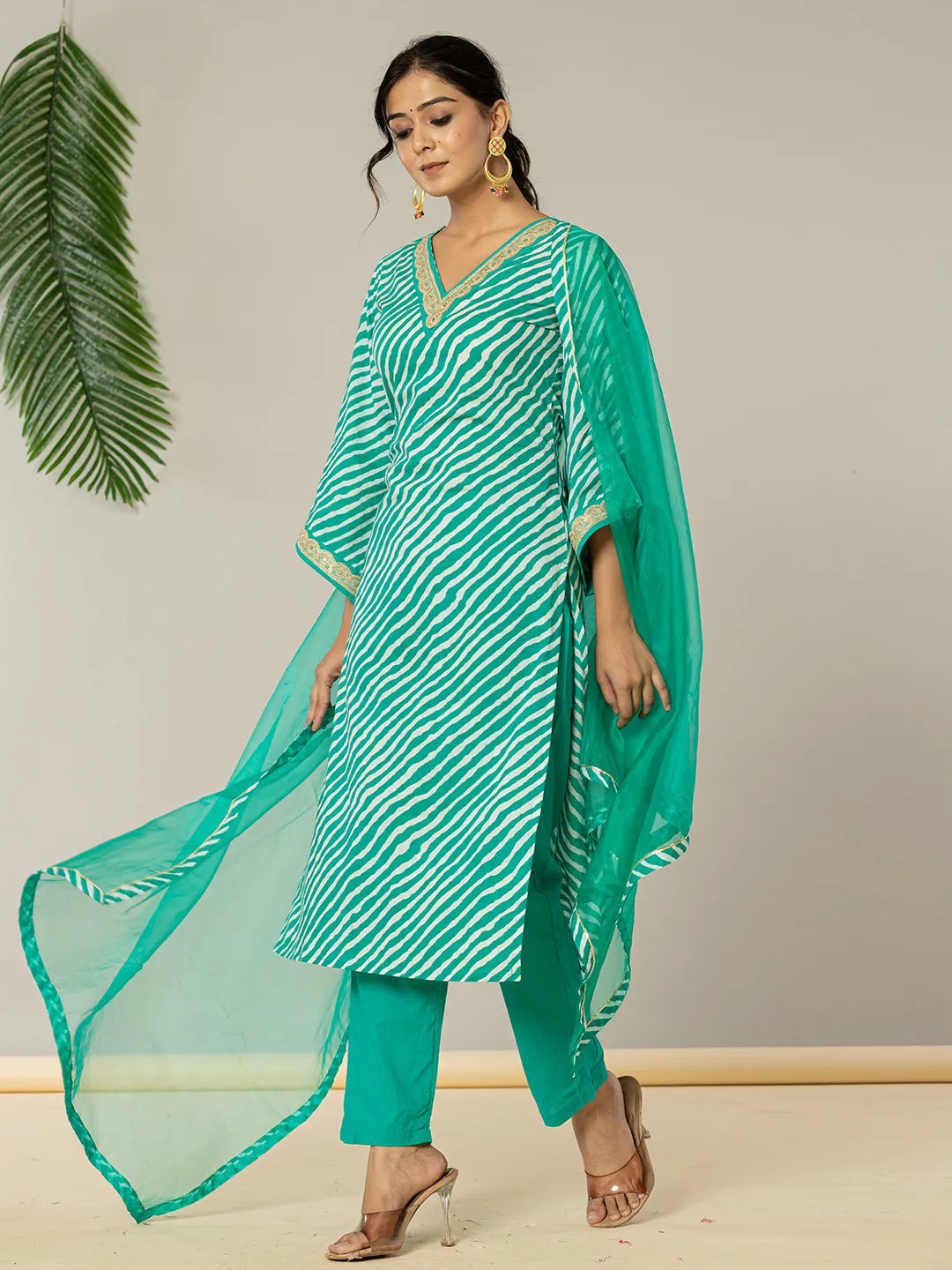 Yufta Teal Green Leheriya Print Cotton Straight Suit Set | Grocsy