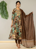 Yufta Brown Floral Print Mulmul Fit And Flare Suit Set | Grocsy