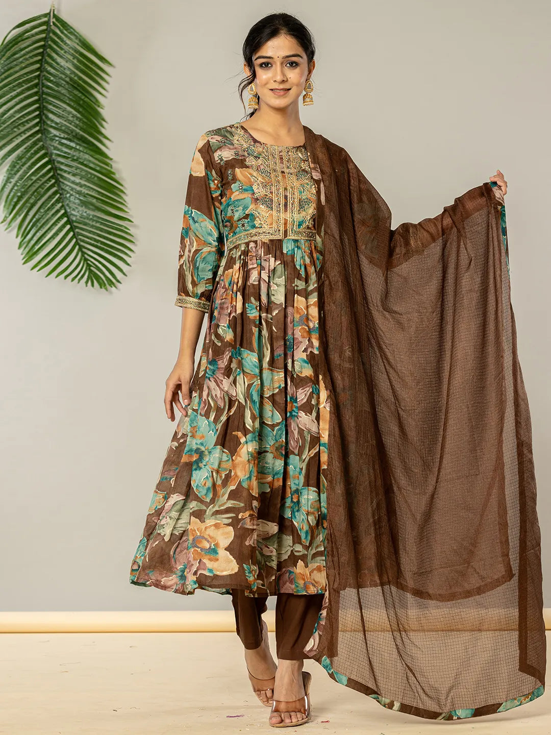 Yufta Brown Floral Print Mulmul Fit And Flare Suit Set | Grocsy