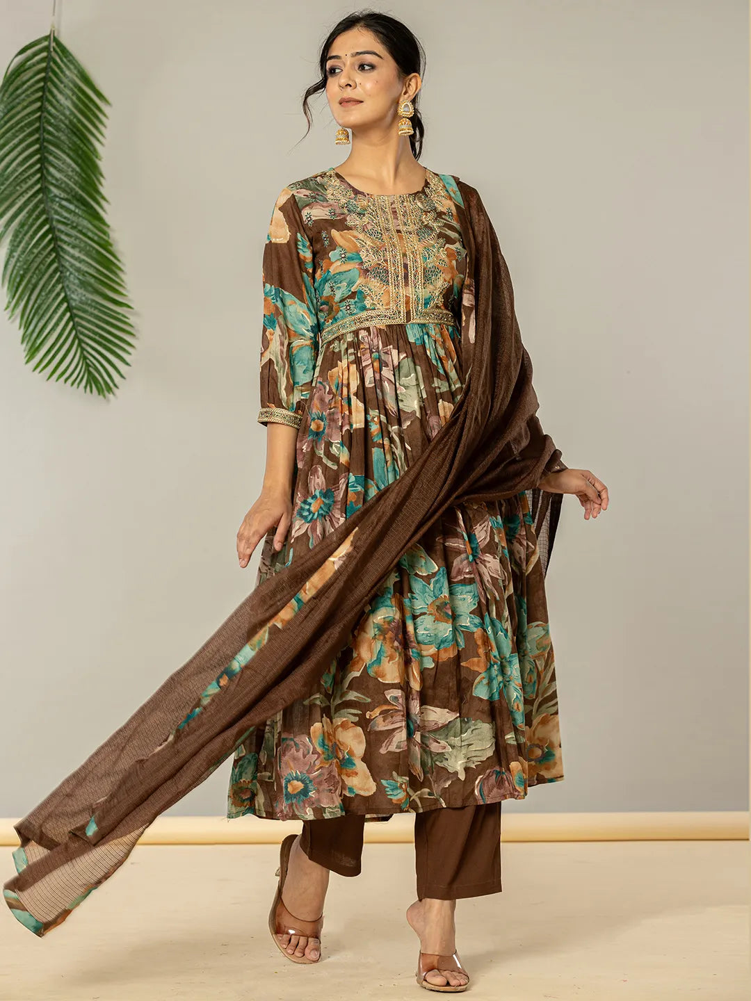 Yufta Brown Floral Print Mulmul Fit And Flare Suit Set | Grocsy