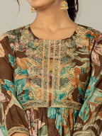 Yufta Brown Floral Print Mulmul Fit And Flare Suit Set | Grocsy