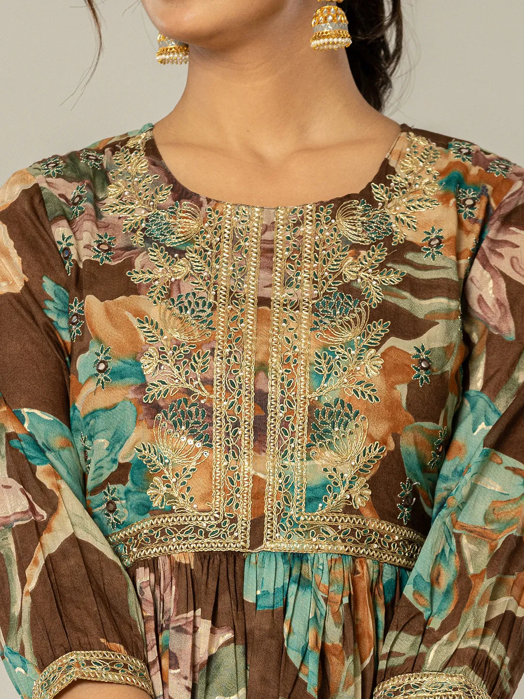 Yufta Brown Floral Print Mulmul Fit And Flare Suit Set | Grocsy