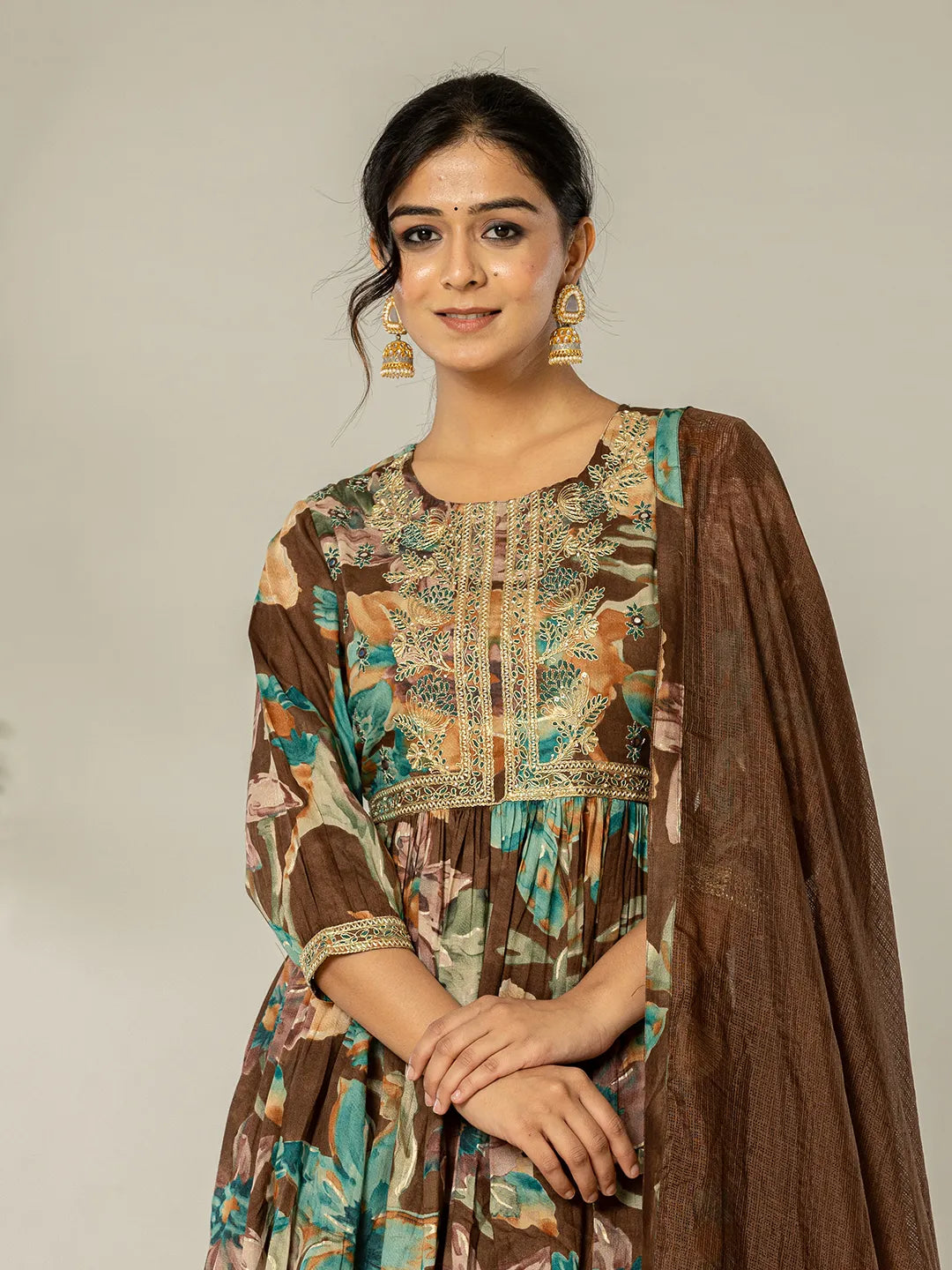 Yufta Brown Floral Print Mulmul Fit And Flare Suit Set | Grocsy