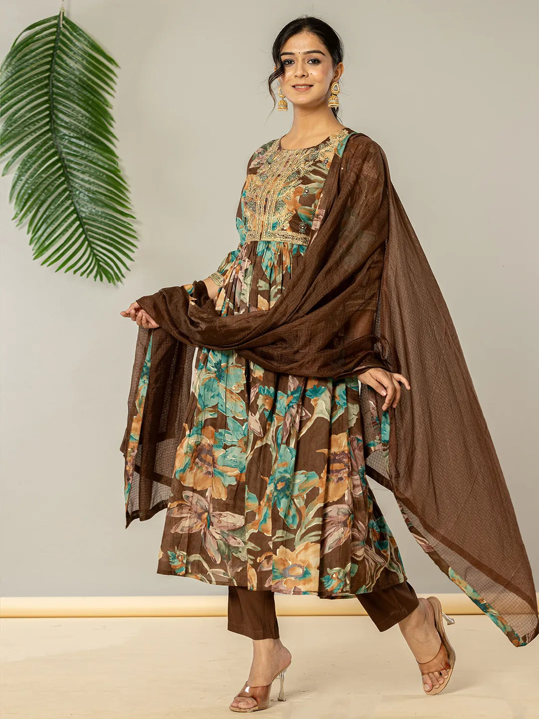 Yufta Brown Floral Print Mulmul Fit And Flare Suit Set | Grocsy