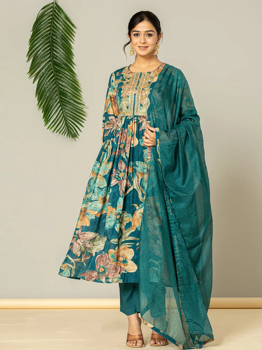 Yufta Teal Blue Floral Print Mulmul Fit And Flare Suit Set | Grocsy