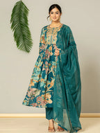 Yufta Teal Blue Floral Print Mulmul Fit And Flare Suit Set | Grocsy