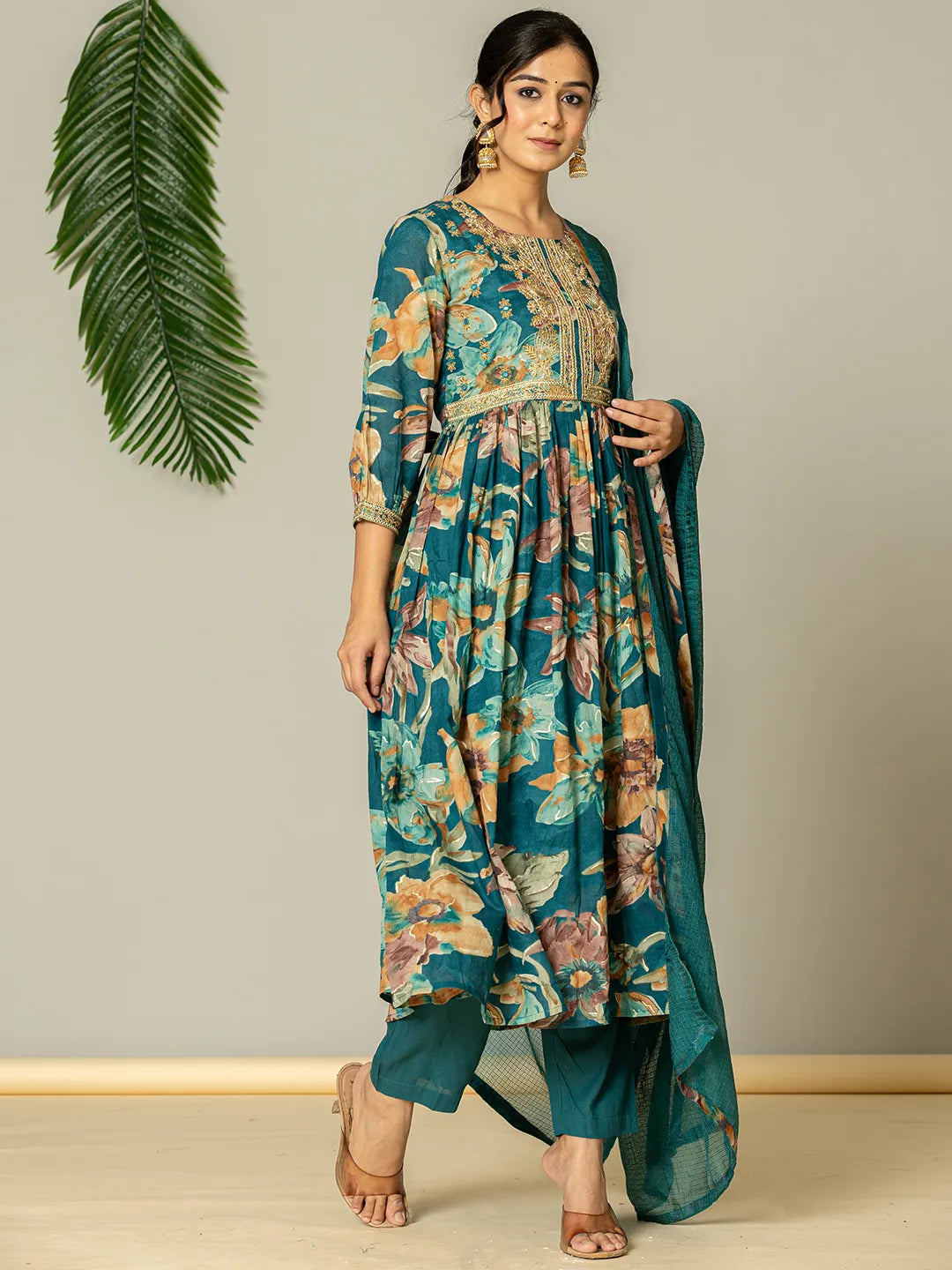 Yufta Teal Blue Floral Print Mulmul Fit And Flare Suit Set | Grocsy