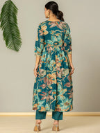 Yufta Teal Blue Floral Print Mulmul Fit And Flare Suit Set | Grocsy