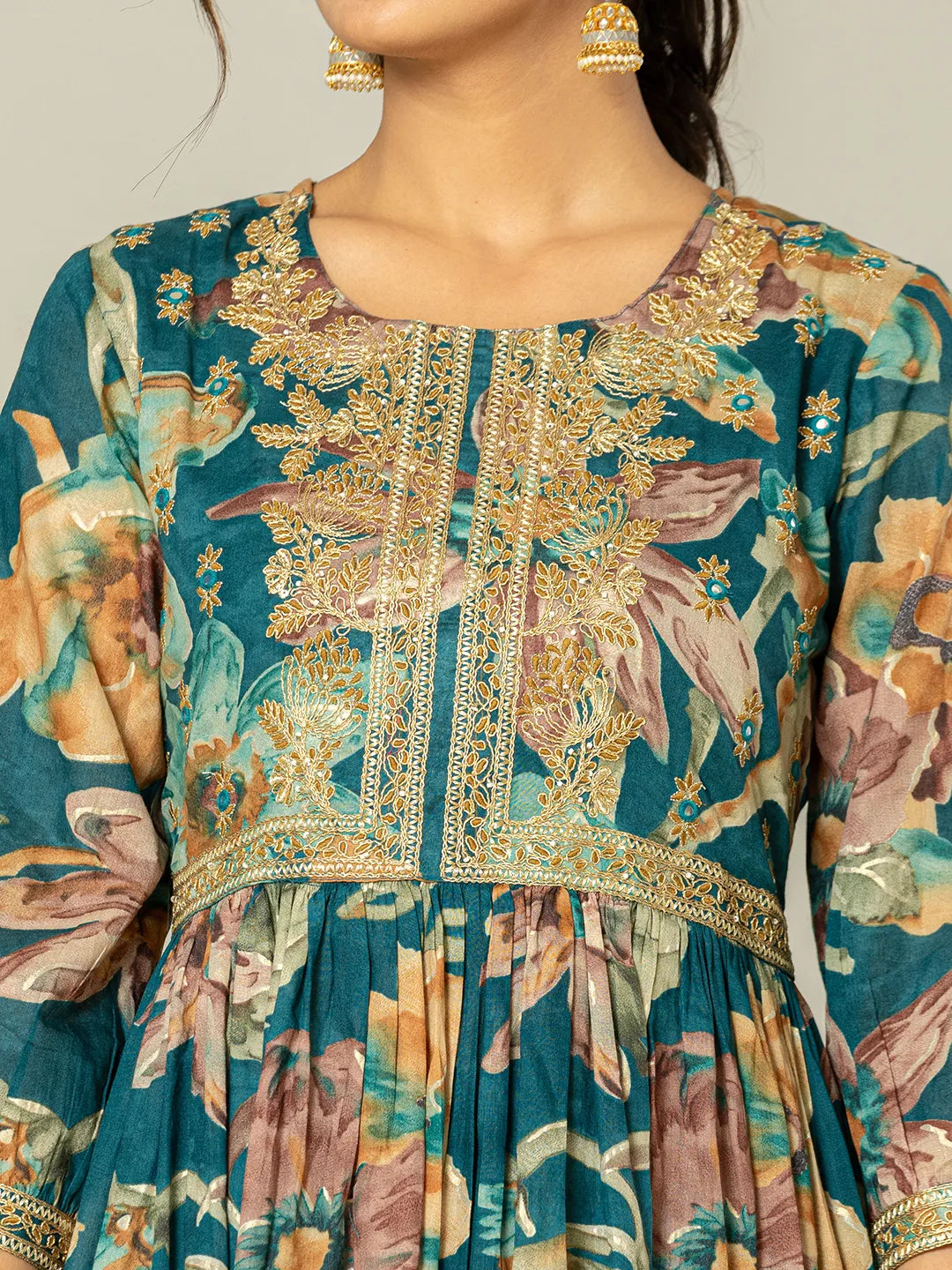 Yufta Teal Blue Floral Print Mulmul Fit And Flare Suit Set | Grocsy