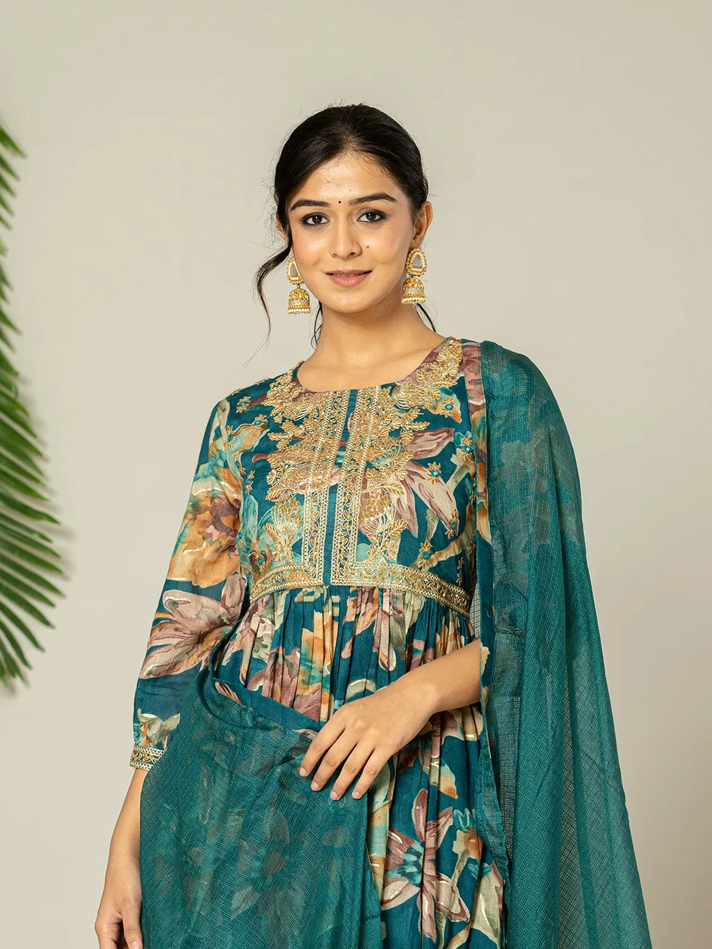 Yufta Teal Blue Floral Print Mulmul Fit And Flare Suit Set | Grocsy