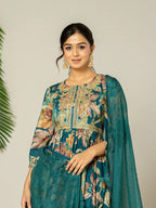 Yufta Teal Blue Floral Print Mulmul Fit And Flare Suit Set | Grocsy