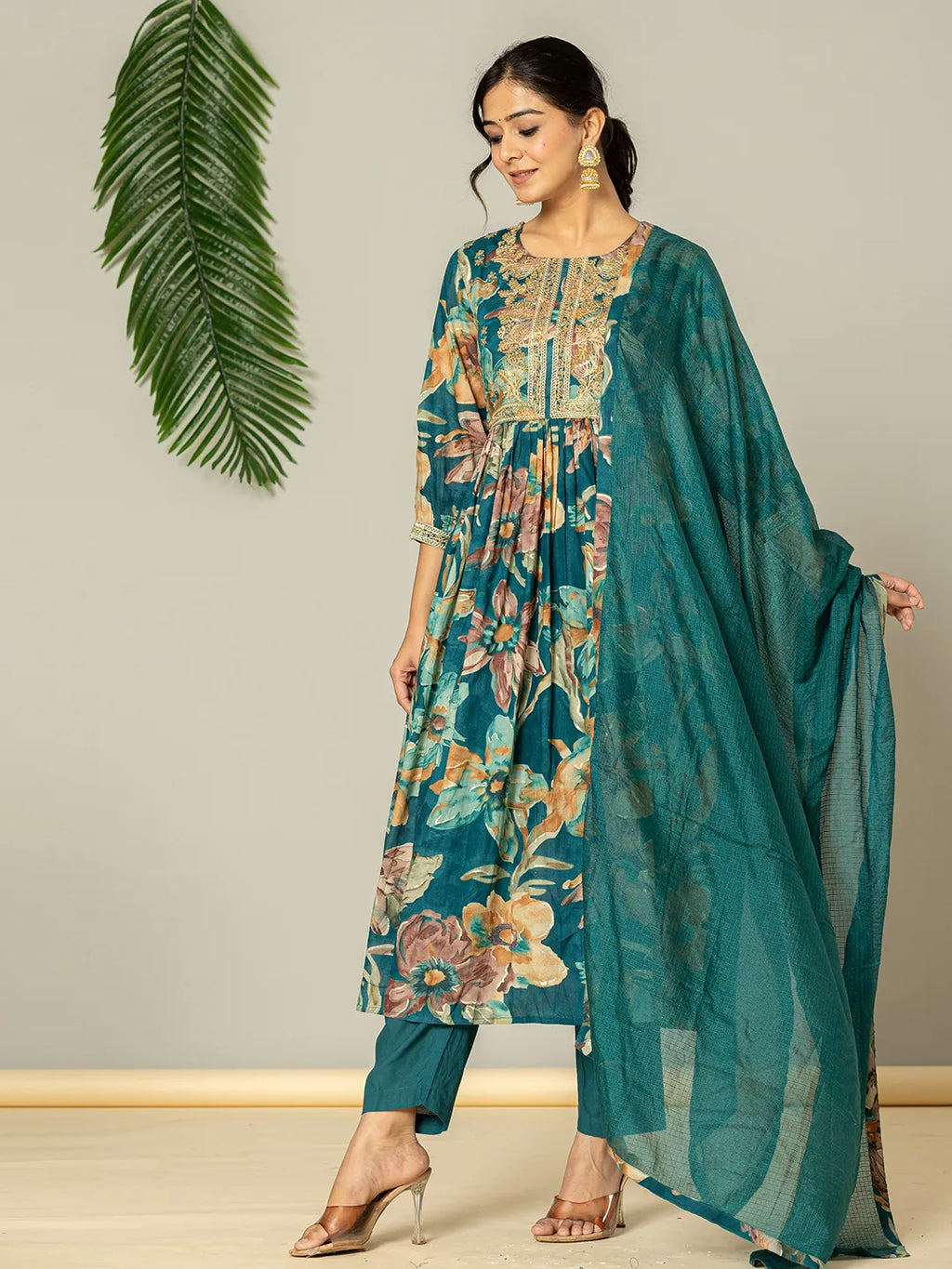Yufta Teal Blue Floral Print Mulmul Fit And Flare Suit Set | Grocsy