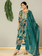 Yufta Teal Blue Floral Print Mulmul Fit And Flare Suit Set | Grocsy
