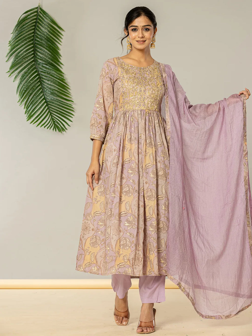Yufta Purple Floral Print Mulmul Fit And Flare Suit Set | Grocsy