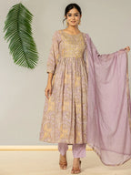 Yufta Purple Floral Print Mulmul Fit And Flare Suit Set | Grocsy