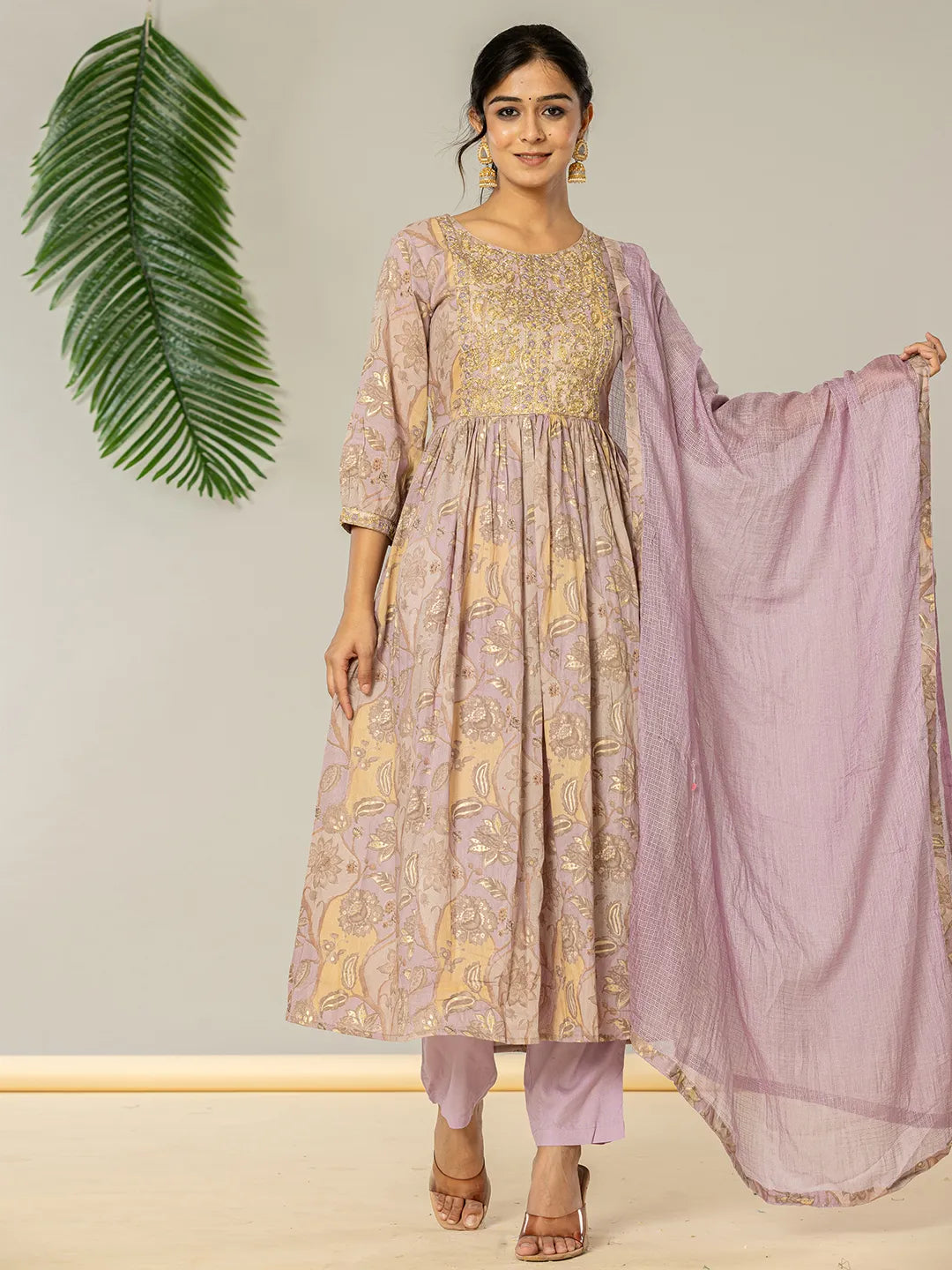 Yufta Purple Floral Print Mulmul Fit And Flare Suit Set | Grocsy
