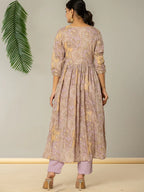 Yufta Purple Floral Print Mulmul Fit And Flare Suit Set | Grocsy