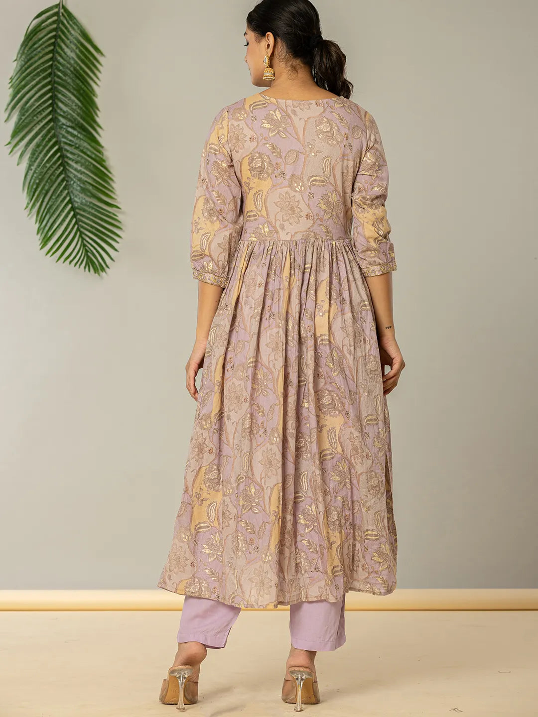 Yufta Purple Floral Print Mulmul Fit And Flare Suit Set | Grocsy