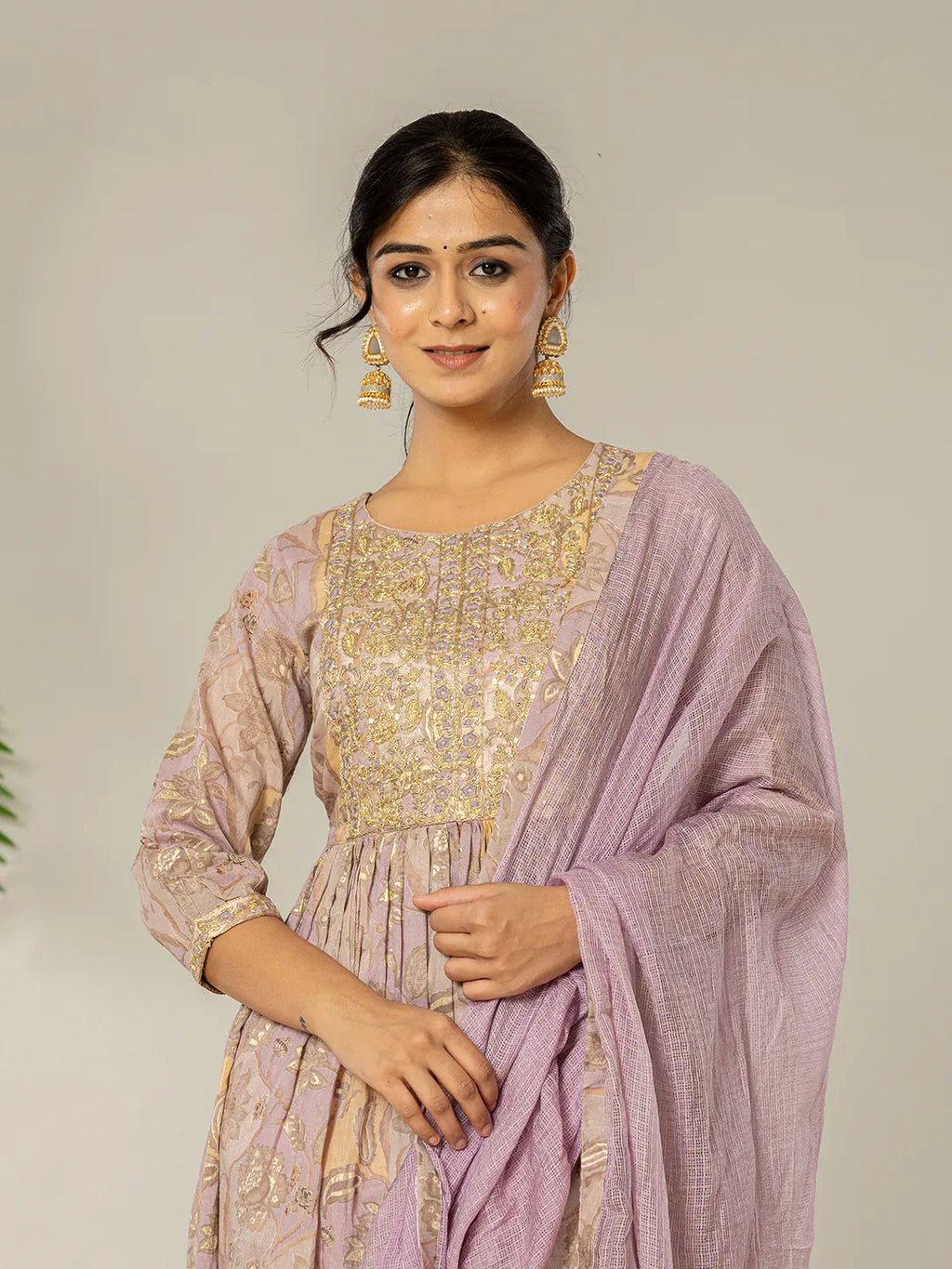 Yufta Purple Floral Print Mulmul Fit And Flare Suit Set | Grocsy