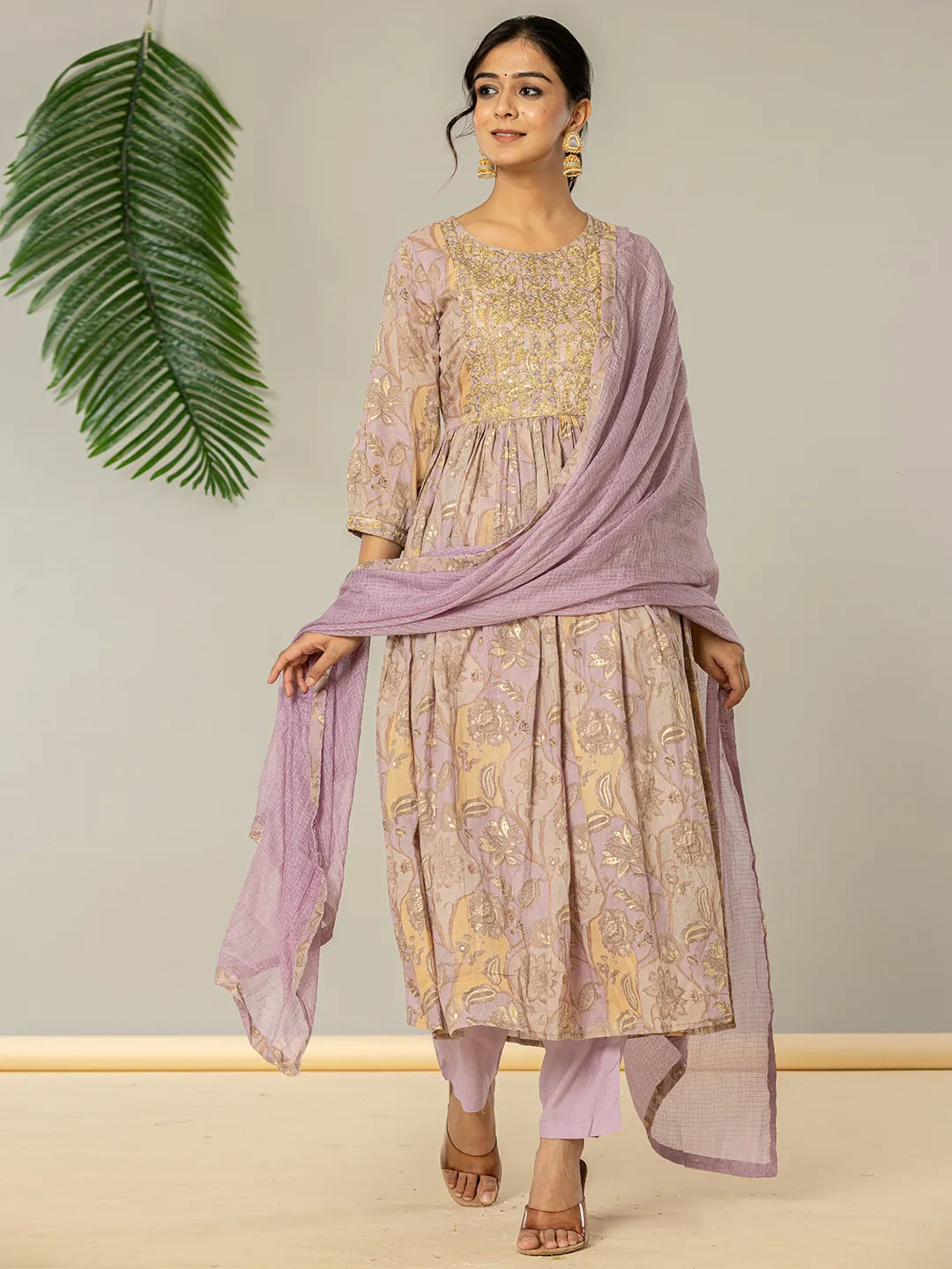 Yufta Purple Floral Print Mulmul Fit And Flare Suit Set | Grocsy