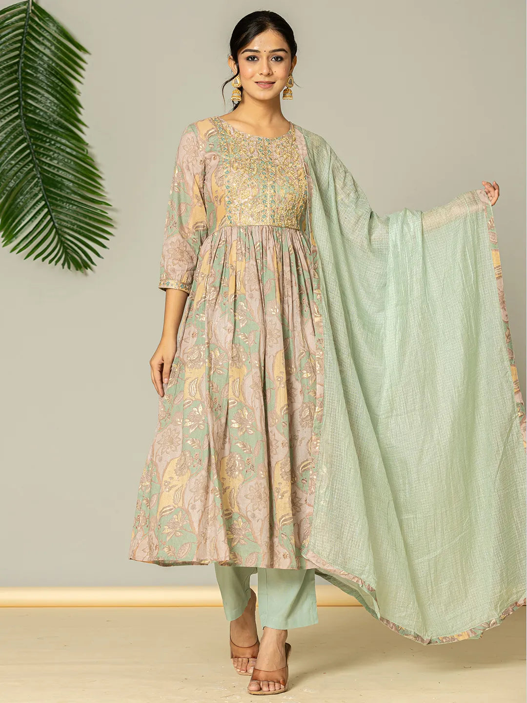 Yufta Sea Green Floral Print Mulmul Fit And Flare Suit Set | Grocsy
