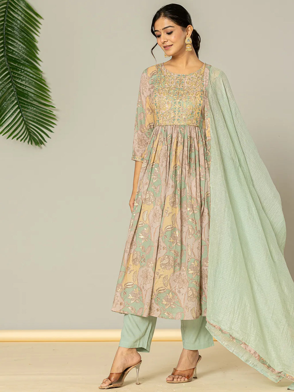 Yufta Sea Green Floral Print Mulmul Fit And Flare Suit Set | Grocsy