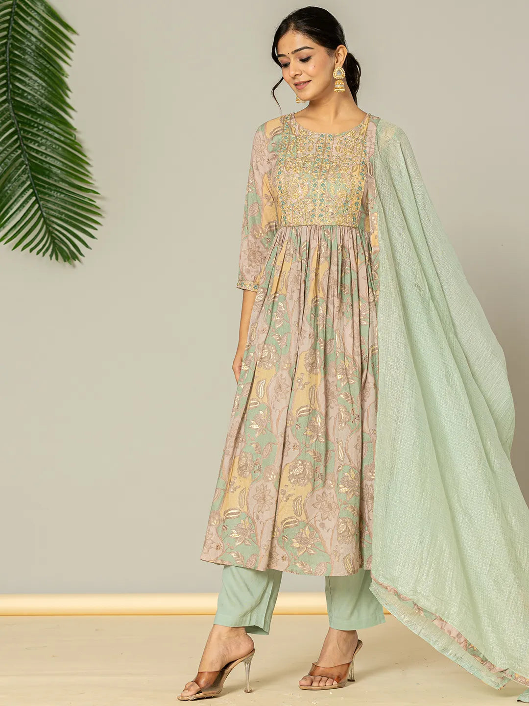 Yufta Sea Green Floral Print Mulmul Fit And Flare Suit Set | Grocsy