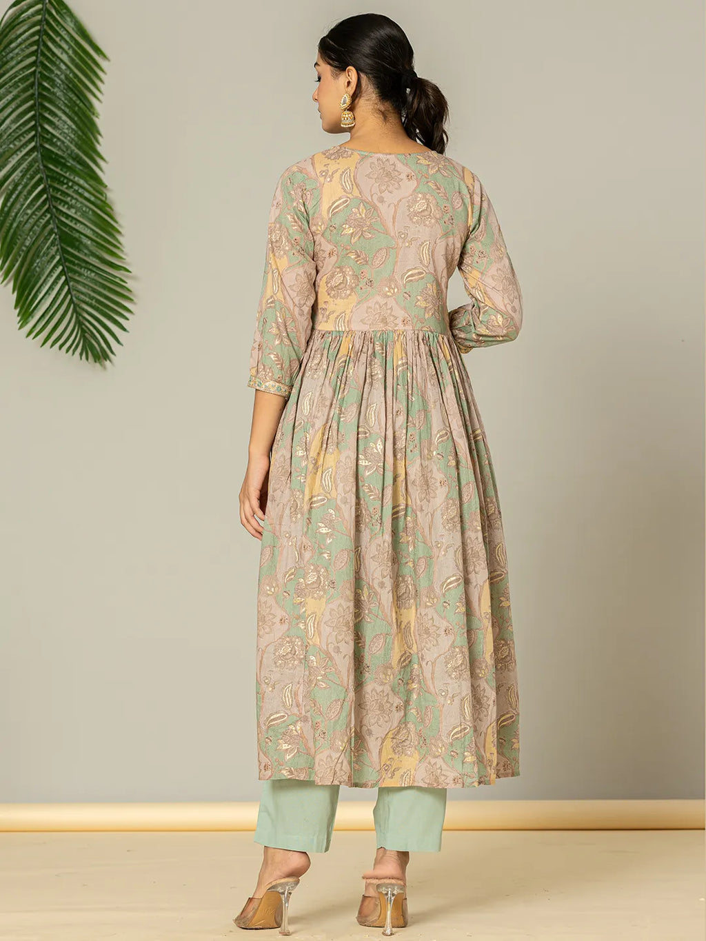 Yufta Sea Green Floral Print Mulmul Fit And Flare Suit Set | Grocsy