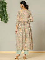 Yufta Sea Green Floral Print Mulmul Fit And Flare Suit Set | Grocsy