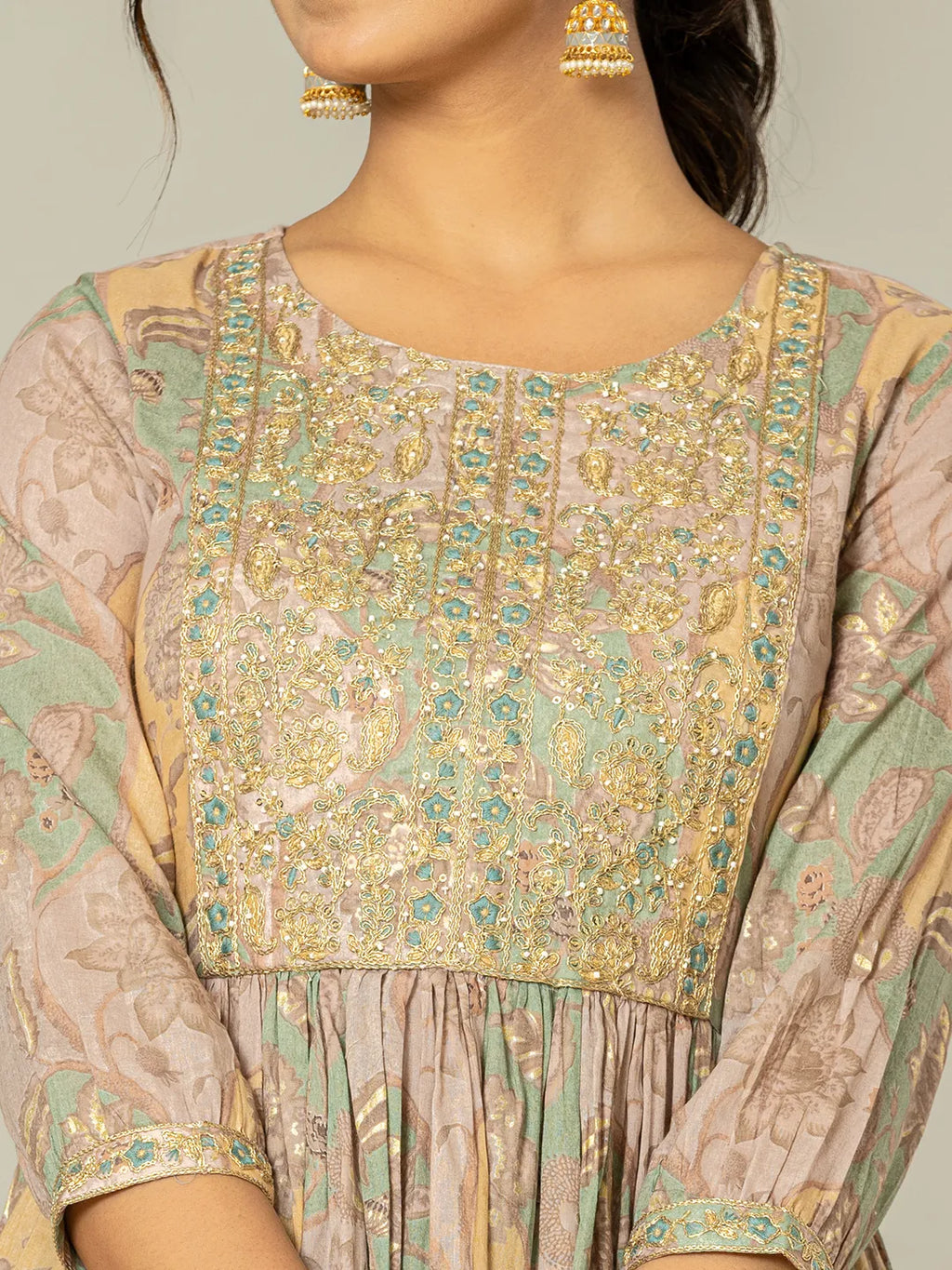 Yufta Sea Green Floral Print Mulmul Fit And Flare Suit Set | Grocsy