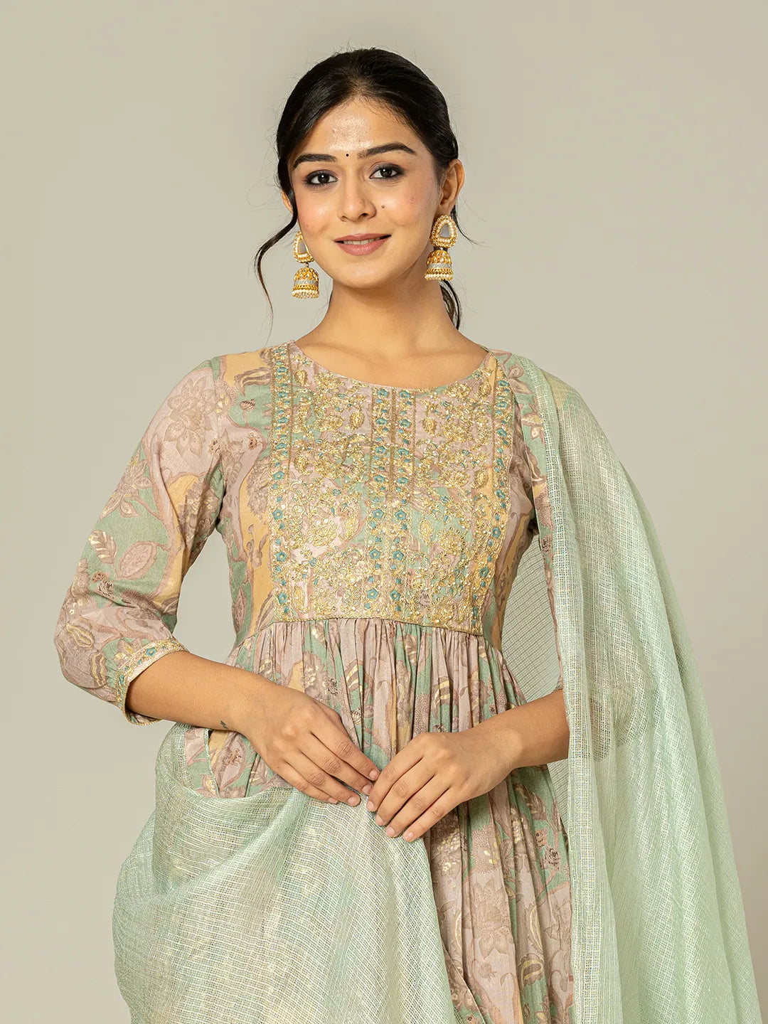 Yufta Sea Green Floral Print Mulmul Fit And Flare Suit Set | Grocsy