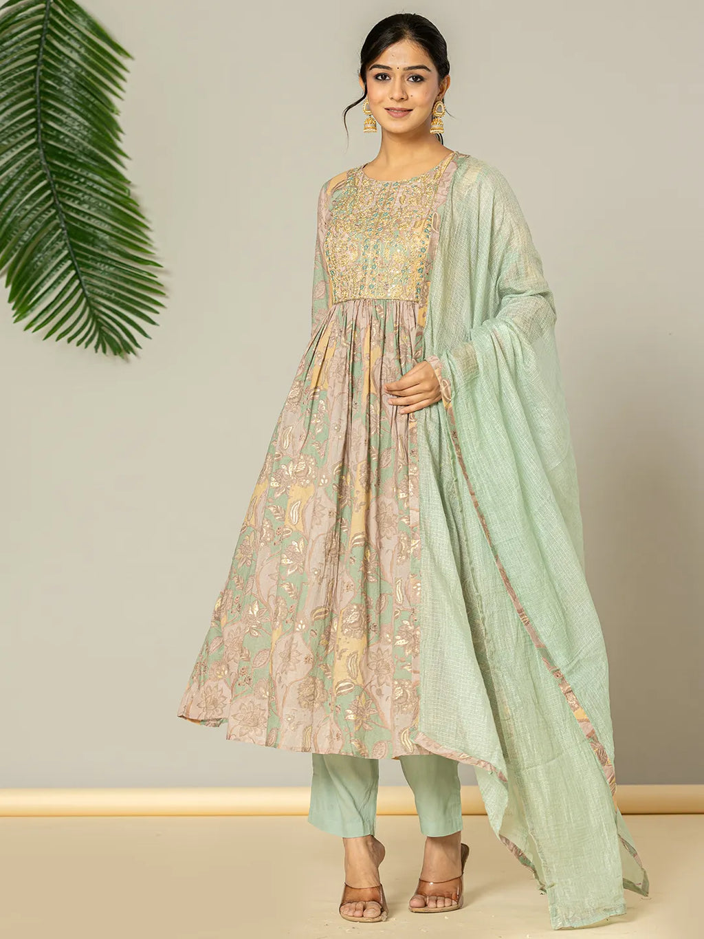 Yufta Sea Green Floral Print Mulmul Fit And Flare Suit Set | Grocsy