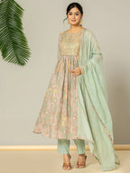Yufta Sea Green Floral Print Mulmul Fit And Flare Suit Set | Grocsy