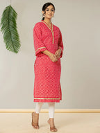 Yufta Cotton Pink Leheriya Kurta | Grocsy
