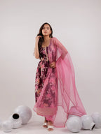 Yufta Burgundy Floral Print Cotton Fit And Flare Kurta Trouser & Dupatta Set | Grocsy