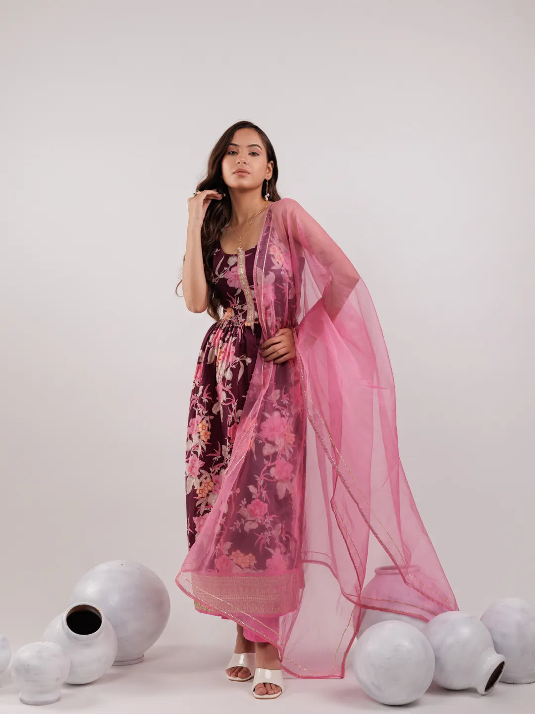 Yufta Burgundy Floral Print Cotton Fit And Flare Kurta Trouser & Dupatta Set | Grocsy