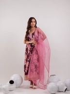Yufta Burgundy Floral Print Cotton Fit And Flare Kurta Trouser & Dupatta Set | Grocsy