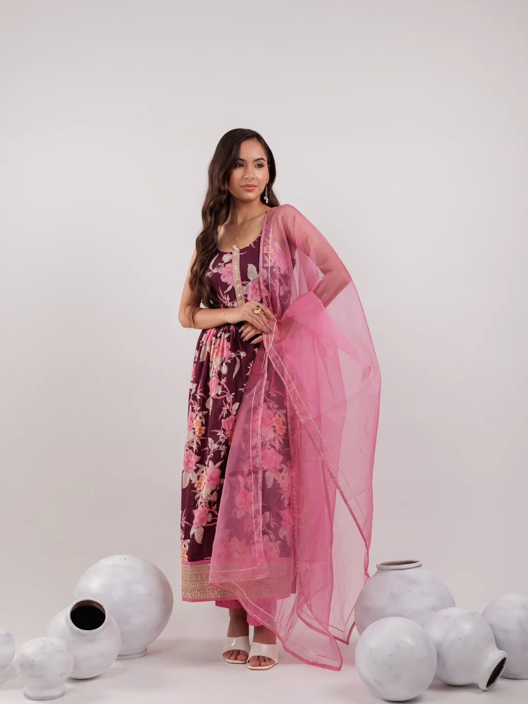 Yufta Burgundy Floral Print Cotton Fit And Flare Kurta Trouser & Dupatta Set | Grocsy