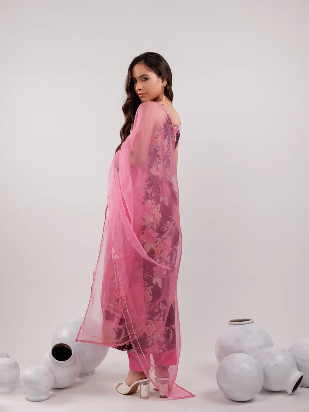 Yufta Burgundy Floral Print Cotton Fit And Flare Kurta Trouser & Dupatta Set | Grocsy