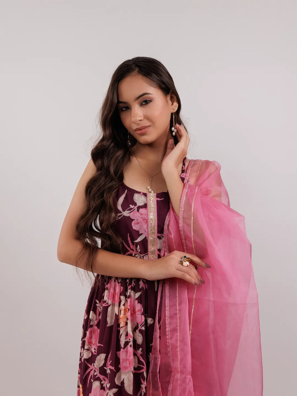 Yufta Burgundy Floral Print Cotton Fit And Flare Kurta Trouser & Dupatta Set | Grocsy