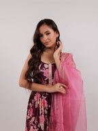 Yufta Burgundy Floral Print Cotton Fit And Flare Kurta Trouser & Dupatta Set | Grocsy