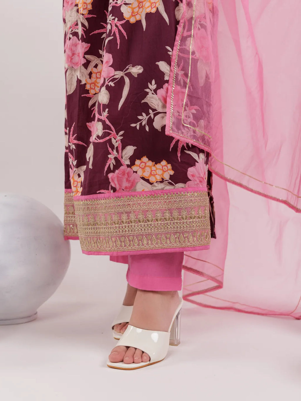 Yufta Burgundy Floral Print Cotton Fit And Flare Kurta Trouser & Dupatta Set | Grocsy