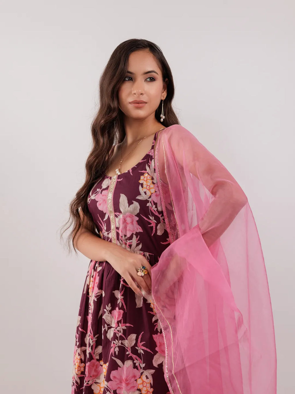 Yufta Burgundy Floral Print Cotton Fit And Flare Kurta Trouser & Dupatta Set | Grocsy