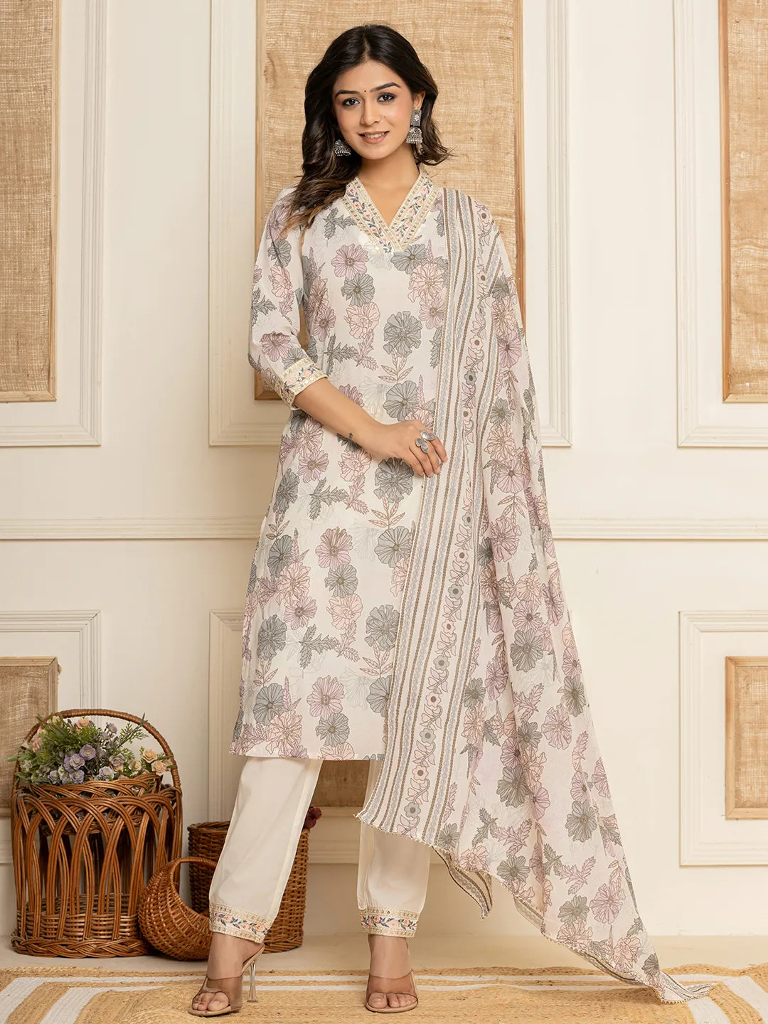 Yufta Cotton Pink Kurta Dupatta Pant Set | Grocsy