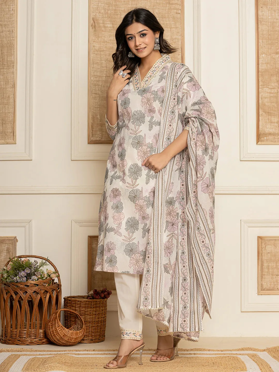 Yufta Cotton Pink Kurta Dupatta Pant Set | Grocsy
